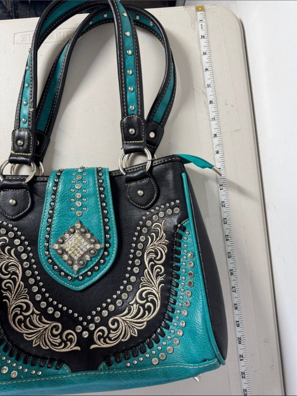 Montana West Western Handbag & Wallet Set Turquoise Black Studded Boho Rustic - Picture 10 of 16